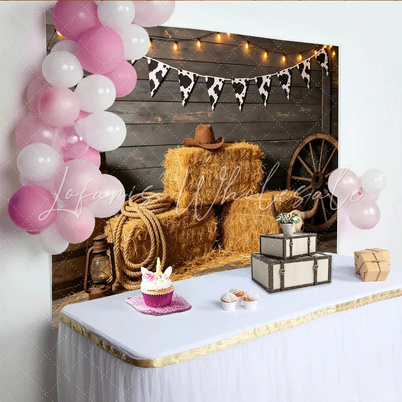 Lofaris Rustic Western Photography Backdrop with Cow Print Bunting and Hay Bales Dark Wood Wall Background for Cowboy Party Photoshoot
