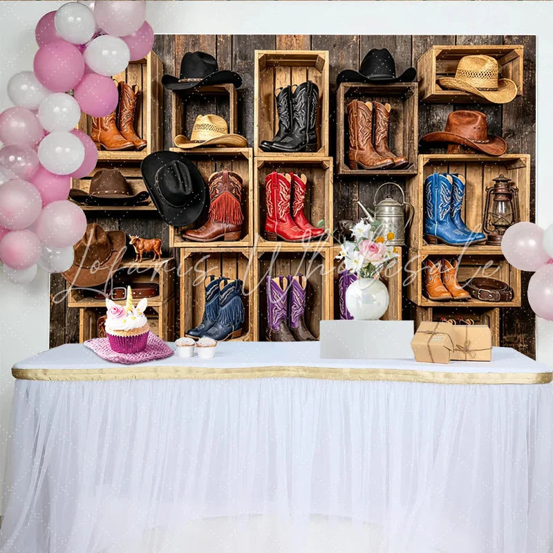 Lofaris Rustic Western Photography Backdrop with Cowboy Boots and Hats in Wooden Crates Vintage Studio Background for Photo Booth Props