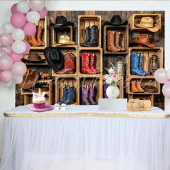 Lofaris Rustic Western Photography Backdrop with Cowboy Boots and Hats in Wooden Crates Vintage Studio Background for Photo Booth Props