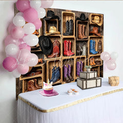 Lofaris Rustic Western Photography Backdrop with Cowboy Boots and Hats in Wooden Crates Vintage Studio Background for Photo Booth Props