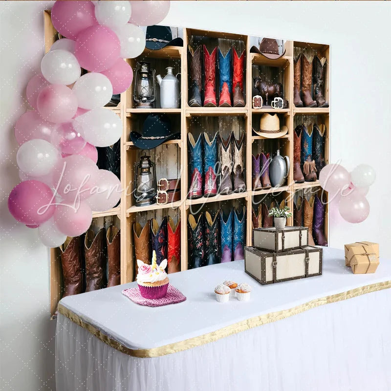 Lofaris Rustic Western Photography Backdrop with Cowboy Boots and Hats Vintage Wood Shelf Background for Studio Photoshoot