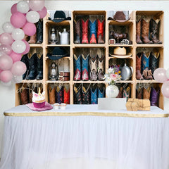 Lofaris Rustic Western Photography Backdrop with Cowboy Boots and Hats Vintage Wood Shelf Background for Studio Photoshoot