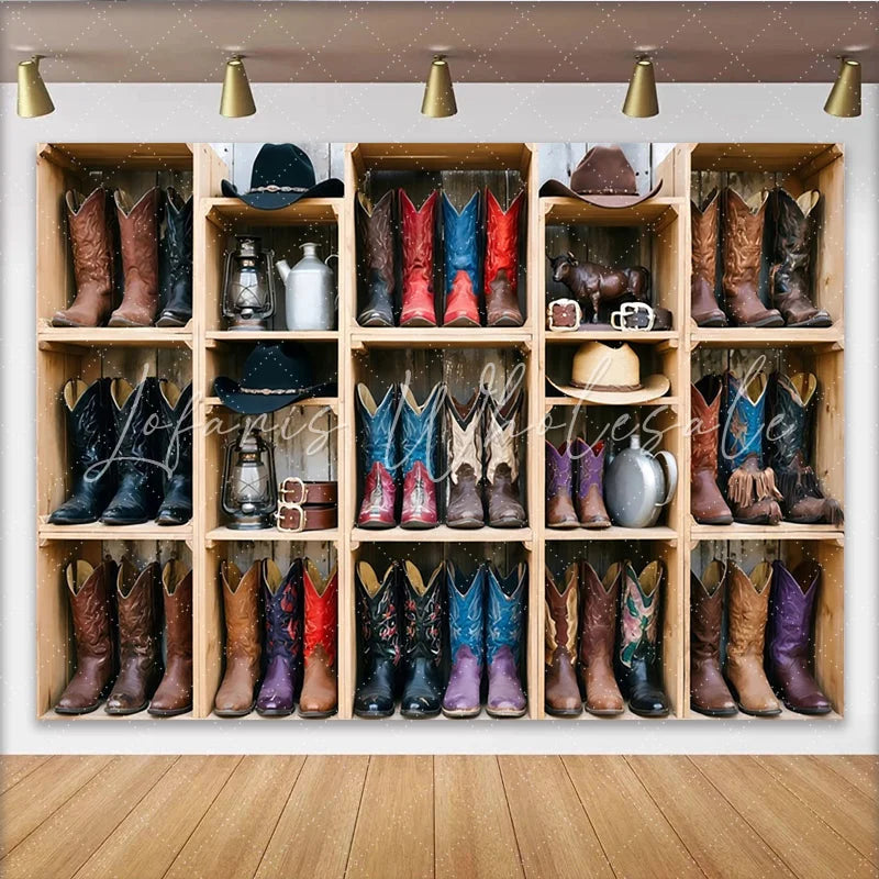 Lofaris Rustic Western Photography Backdrop with Cowboy Boots and Hats Vintage Wood Shelf Background for Studio Photoshoot