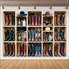 Lofaris Rustic Western Photography Backdrop with Cowboy Boots and Hats Vintage Wood Shelf Background for Studio Photoshoot