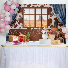 Lofaris Rustic Western Photography Backdrop with Desert Window View and Cowhide Pattern Cowboy Theme Studio Background for Photoshoot
