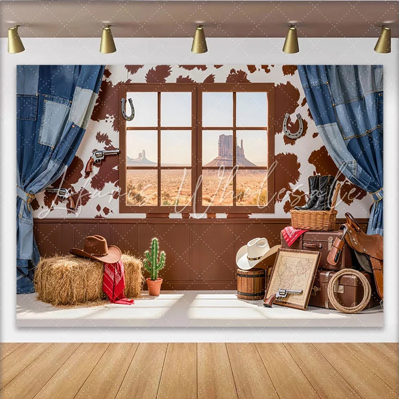 Lofaris Rustic Western Photography Backdrop with Desert Window View and Cowhide Pattern Cowboy Theme Studio Background for Photoshoot