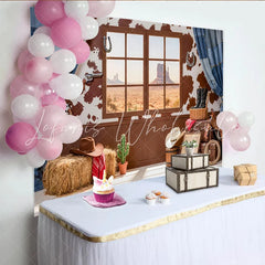 Lofaris Rustic Western Photography Backdrop with Desert Window View and Cowhide Pattern Cowboy Theme Studio Background for Photoshoot