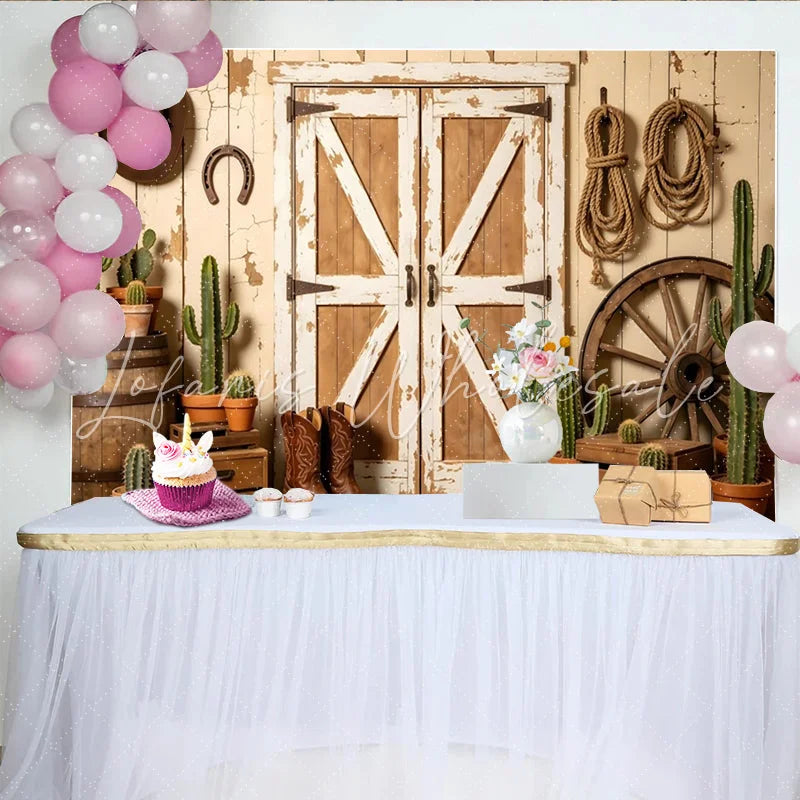 Lofaris Rustic Western Photography Backdrop with Distressed Barn Doors Cowboy Boots and Cacti Studio Photo Background