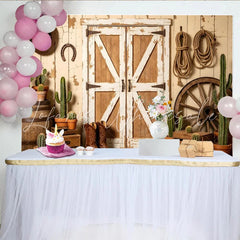 Lofaris Rustic Western Photography Backdrop with Distressed Barn Doors Cowboy Boots and Cacti Studio Photo Background