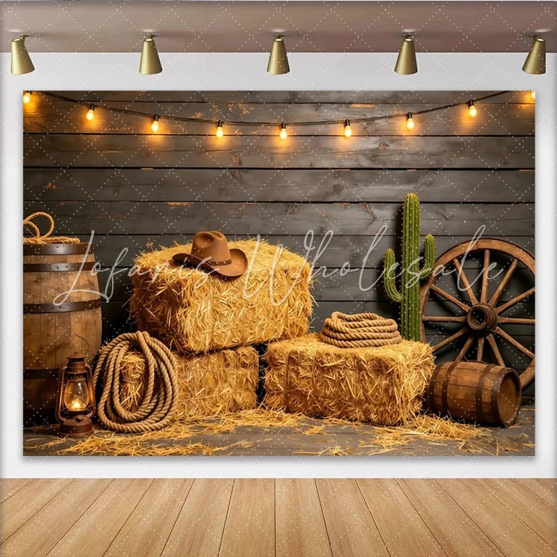 Lofaris Rustic Western Photography Backdrop with Hay Bales and Cowboy Hat Dark Wood Wall Background for Farmhouse Studio Photoshoot