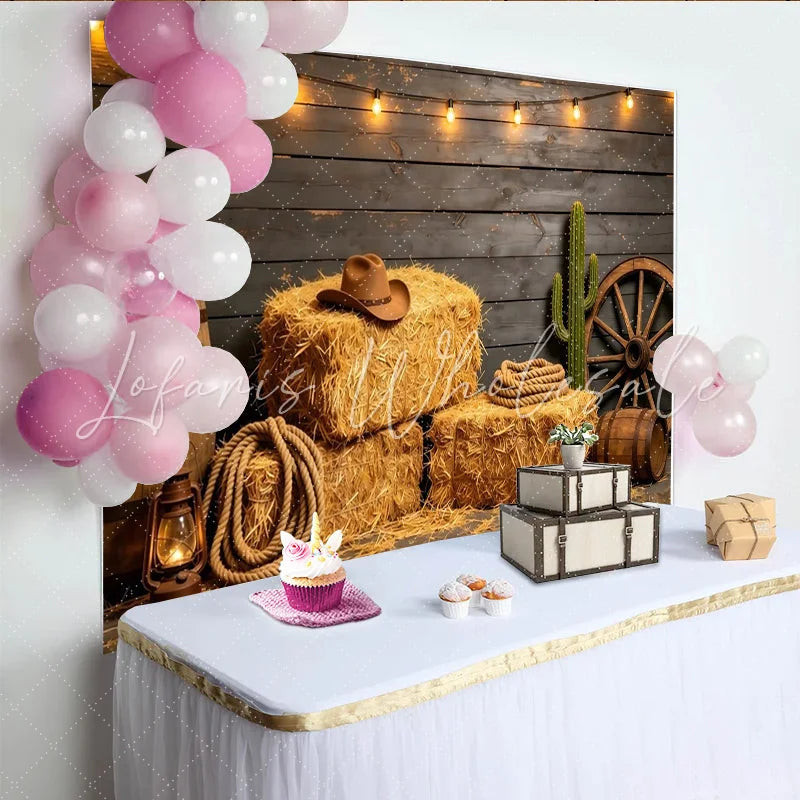 Lofaris Rustic Western Photography Backdrop with Hay Bales and Cowboy Hat Dark Wood Wall Background for Farmhouse Studio Photoshoot