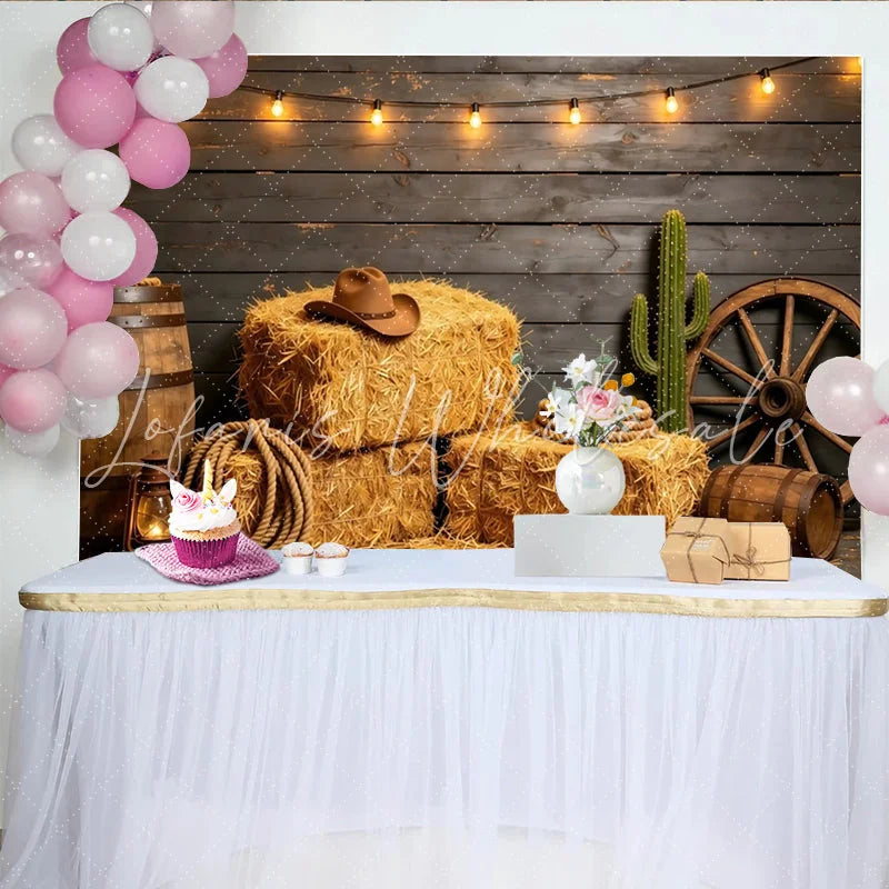 Lofaris Rustic Western Photography Backdrop with Hay Bales and Cowboy Hat Dark Wood Wall Background for Farmhouse Studio Photoshoot