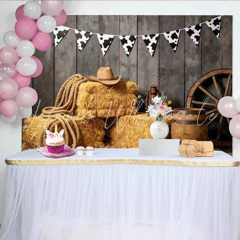 Lofaris Rustic Western Photography Backdrop with Hay Bales and Cowboy Hat Vintage Farm Ranch Photo Booth Background for Studio Shoot