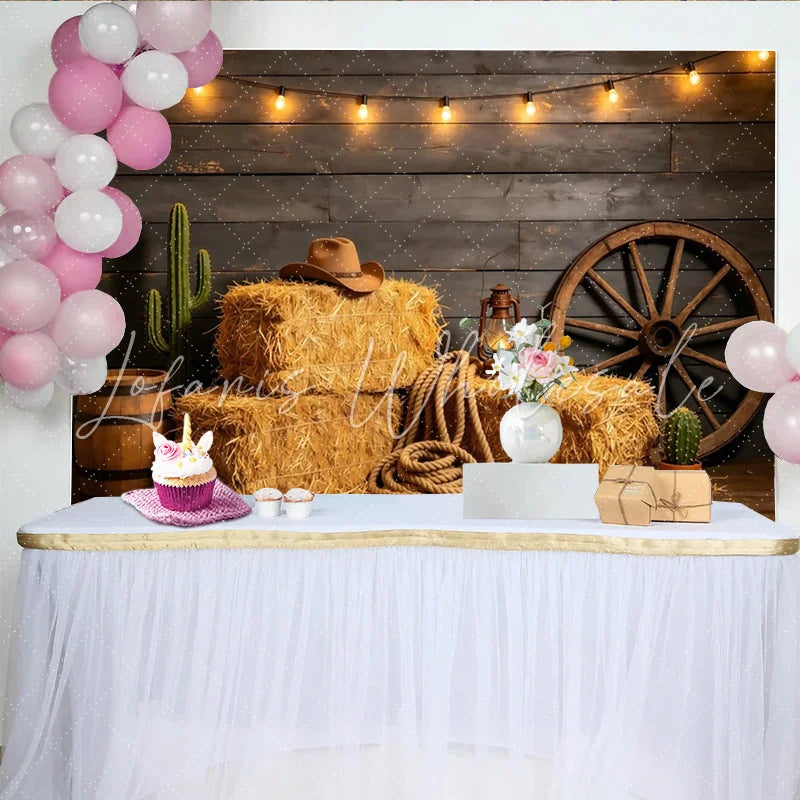 Lofaris Rustic Western Photography Backdrop with Hay Bales and Wagon Wheel Country Theme Studio Background for Photoshoot