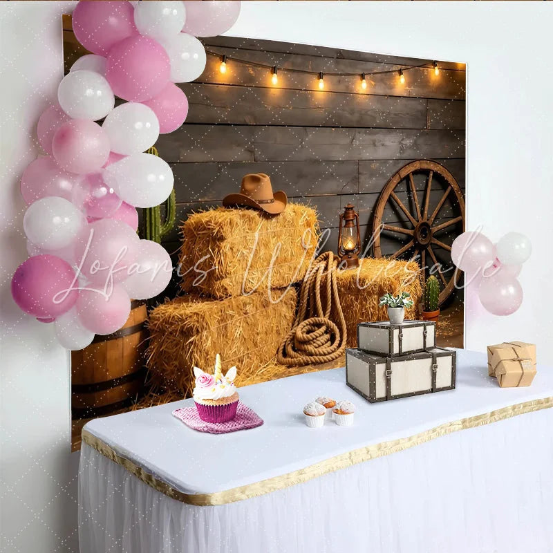 Lofaris Rustic Western Photography Backdrop with Hay Bales and Wagon Wheel Country Theme Studio Background for Photoshoot