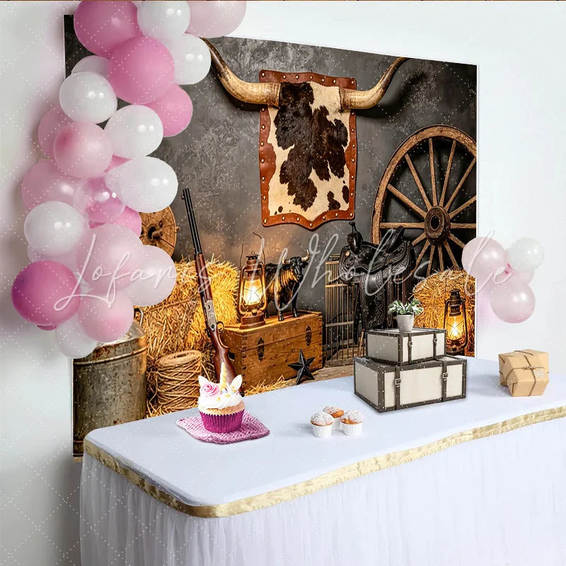 Lofaris Rustic Western Photography Backdrop with Longhorn Horns Hay Bales and Wagon Wheel Vintage Cowboy Studio Background for Photoshoot