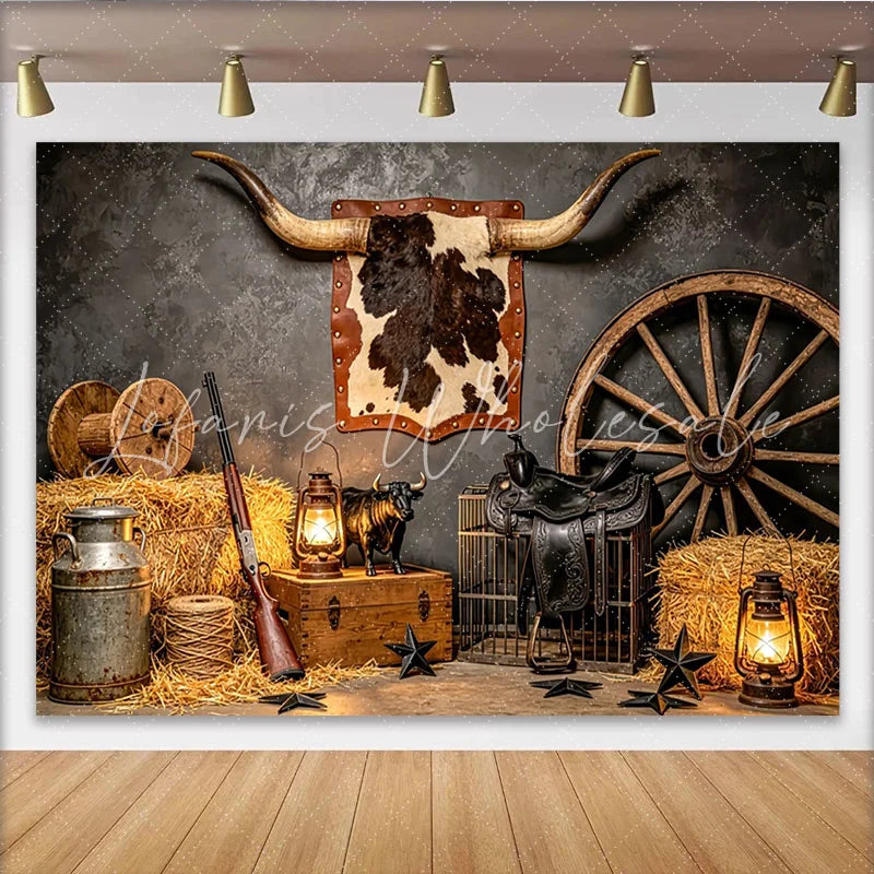 Lofaris Rustic Western Photography Backdrop with Longhorn Horns Hay Bales and Wagon Wheel Vintage Cowboy Studio Background for Photoshoot