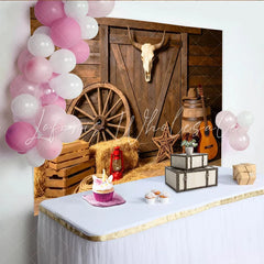 Lofaris Rustic Western Photography Backdrop with Wooden Barn Door and Bull Skull Cowboy Theme Studio Background for Photoshoots