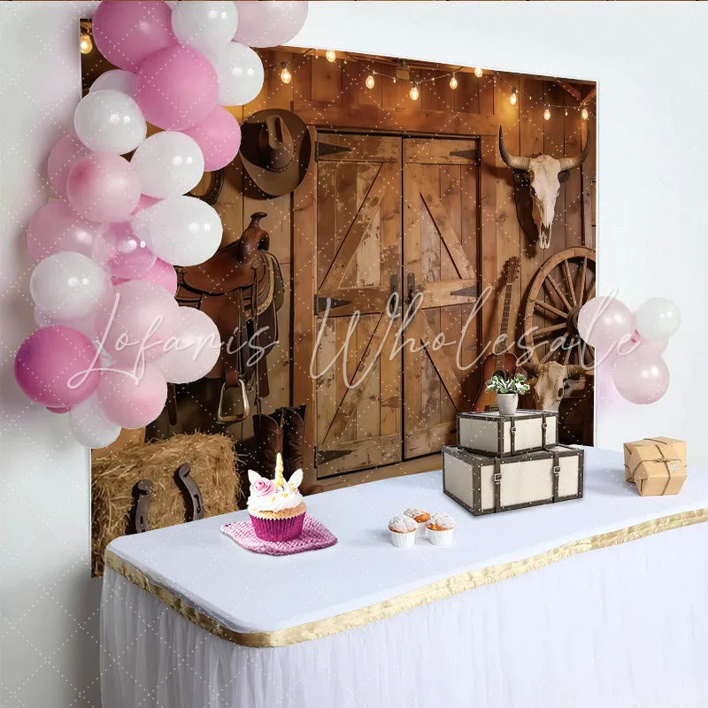 Lofaris Rustic Western Photography Backdrop with Wooden Barn Doors and String Lights Cowboy Theme Studio Background for Photoshoot