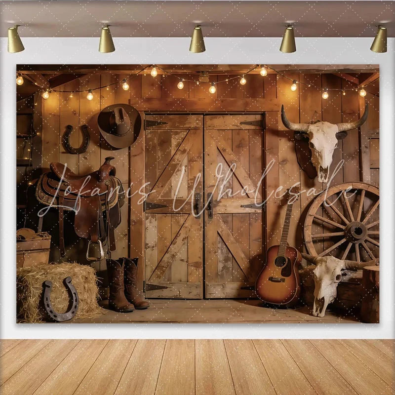Lofaris Rustic Western Photography Backdrop with Wooden Barn Doors and String Lights Cowboy Theme Studio Background for Photoshoot