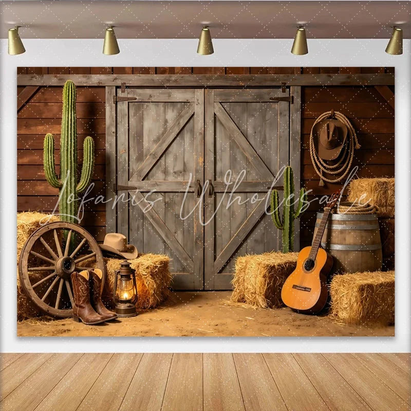 Lofaris Rustic Western Photography Backdrop with Wooden Barn Doors Hay Bales and Cacti Country Farm Studio Background for Photoshoot