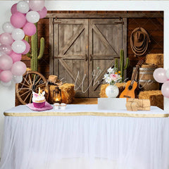 Lofaris Rustic Western Photography Backdrop with Wooden Barn Doors Hay Bales and Cacti Country Farm Studio Background for Photoshoot