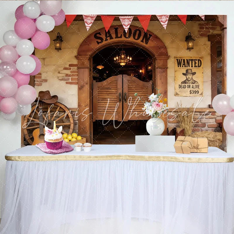 Lofaris Rustic Western Saloon Photography Backdrop with Wanted Poster and Wooden Doors Perfect for Cowboy Party Decor