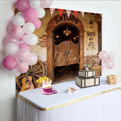 Lofaris Rustic Western Saloon Photography Backdrop with Wanted Poster and Wooden Doors Perfect for Cowboy Party Decor