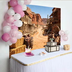 Lofaris Rustic Western Town Photography Backdrop with Saloon and Desert Mountains Vintage Cowboy Photo Background for Studio