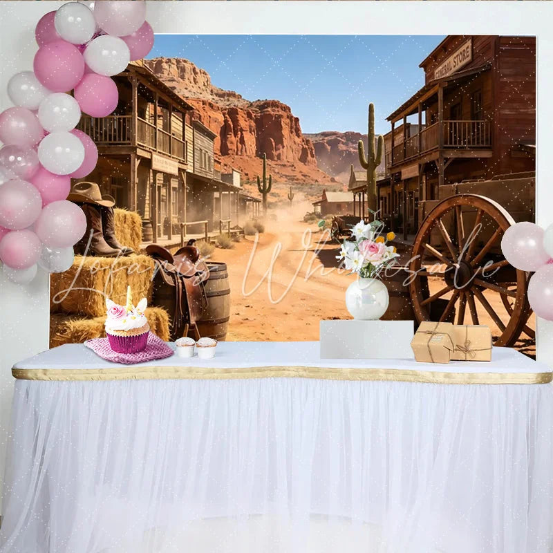 Lofaris Rustic Western Town Photography Backdrop with Saloon and Desert Mountains Vintage Cowboy Photo Background for Studio