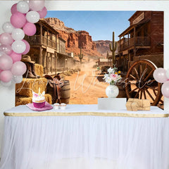 Lofaris Rustic Western Town Photography Backdrop with Saloon and Desert Mountains Vintage Cowboy Photo Background for Studio