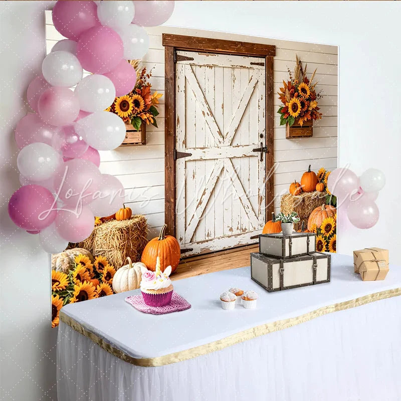 Lofaris Rustic White Barn Door Autumn Backdrop with Sunflowers and Pumpkins Harvest Festival Photography Background for Fall Party Decor