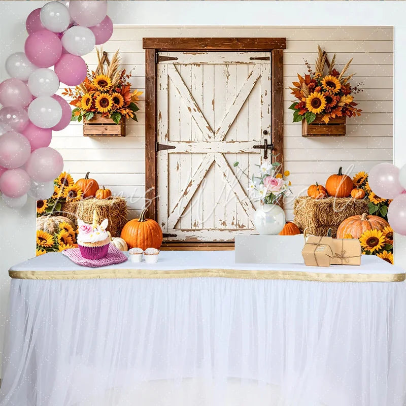 Lofaris Rustic White Barn Door Autumn Backdrop with Sunflowers and Pumpkins Harvest Festival Photography Background for Fall Party Decor