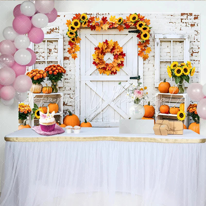 Lofaris Rustic White Barn Door Autumn Harvest Backdrop with Pumpkins and Sunflowers Fall Photography Background for Thanksgiving Decor