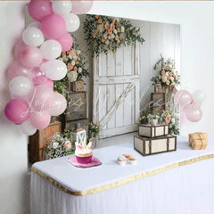 Lofaris Rustic White Barn Door Floral Photography Backdrop with Peach Roses and Greenery Elegant Studio Background for Wedding Event
