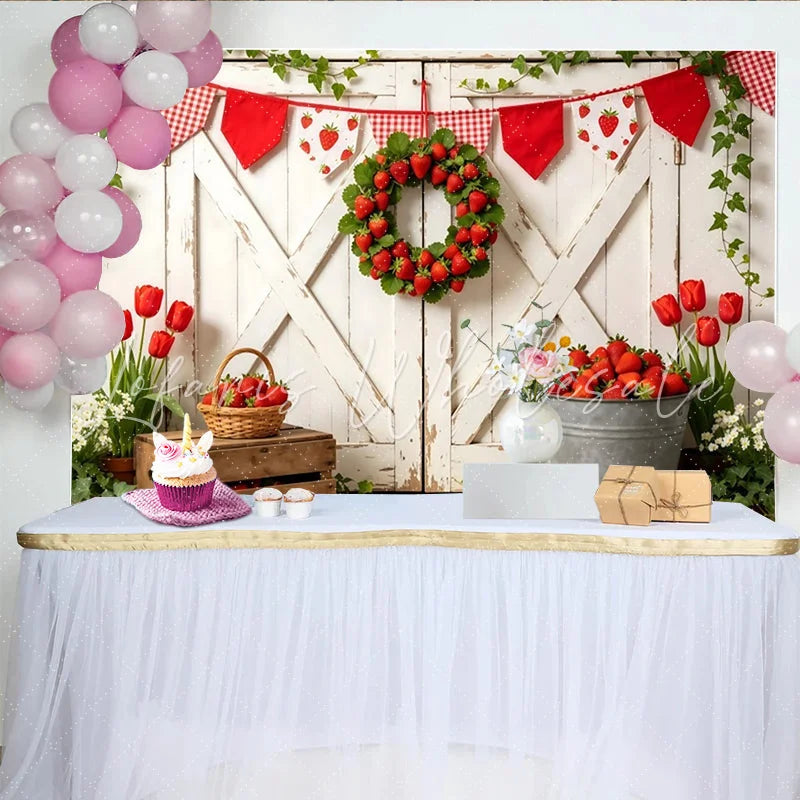 Lofaris Rustic White Barn Door Photography Backdrop Fresh Strawberry Farm Photo Background for Studio Shoot