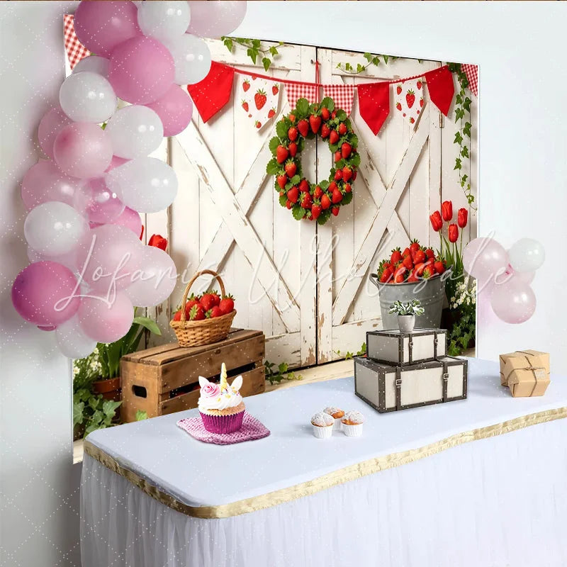 Lofaris Rustic White Barn Door Photography Backdrop Fresh Strawberry Farm Photo Background for Studio Shoot