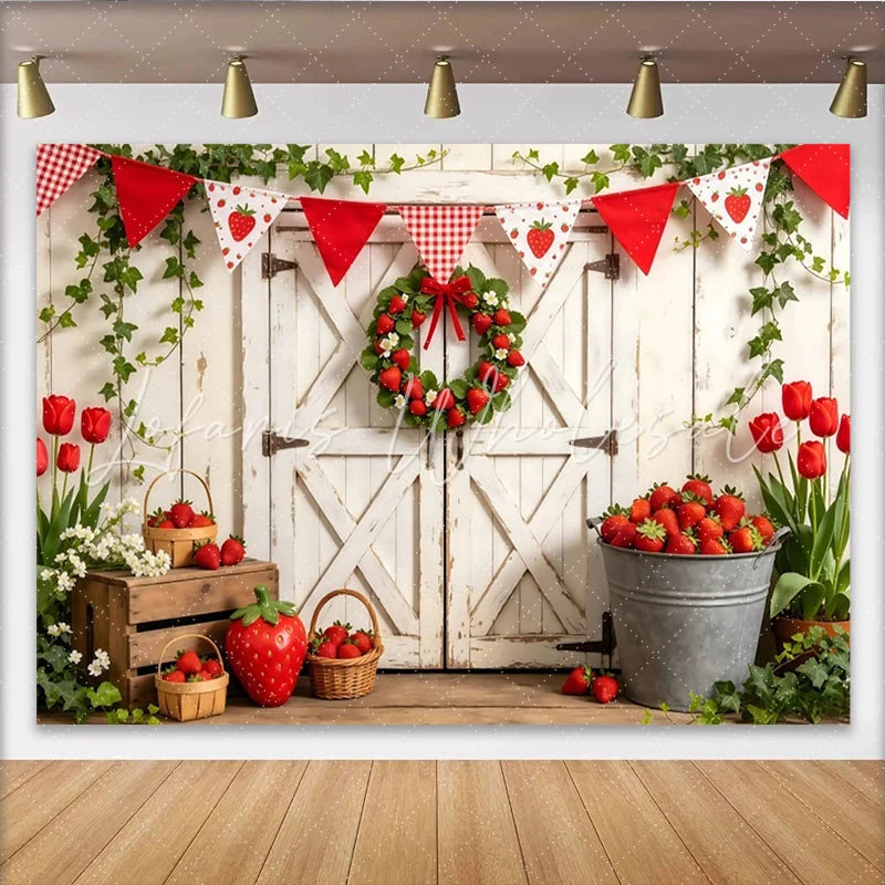 Lofaris Rustic White Barn Door Strawberry Farm Photography Backdrop Fresh Fruit Harvest Photo Booth Background for Spring Summer Events