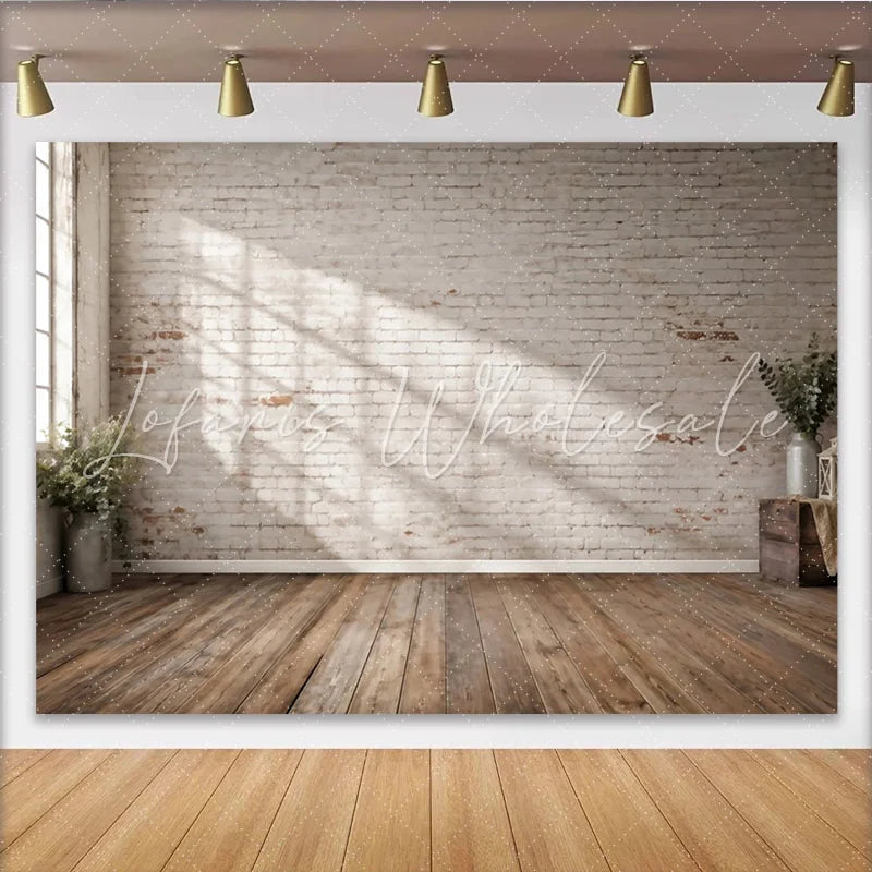Lofaris Rustic White Brick Wall Wood Floor Photography Backdrop Versatile Studio Background for Professional Portrait