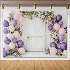 Lofaris Rustic White Door Floral Balloon Birthday Backdrop Purple Pink Cream Party Decor for Photoshoot