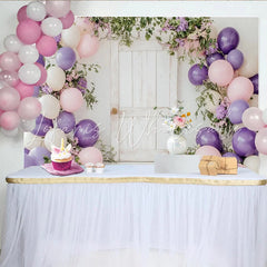Lofaris Rustic White Door Floral Balloon Birthday Backdrop Purple Pink Cream Party Decor for Photoshoot