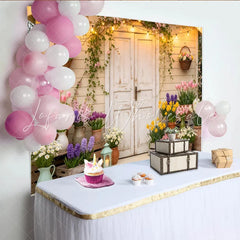 Lofaris Rustic White Door Spring Floral Photography Backdrop with String Lights Cozy Garden Scene Background for Photoshoots and Party Decor