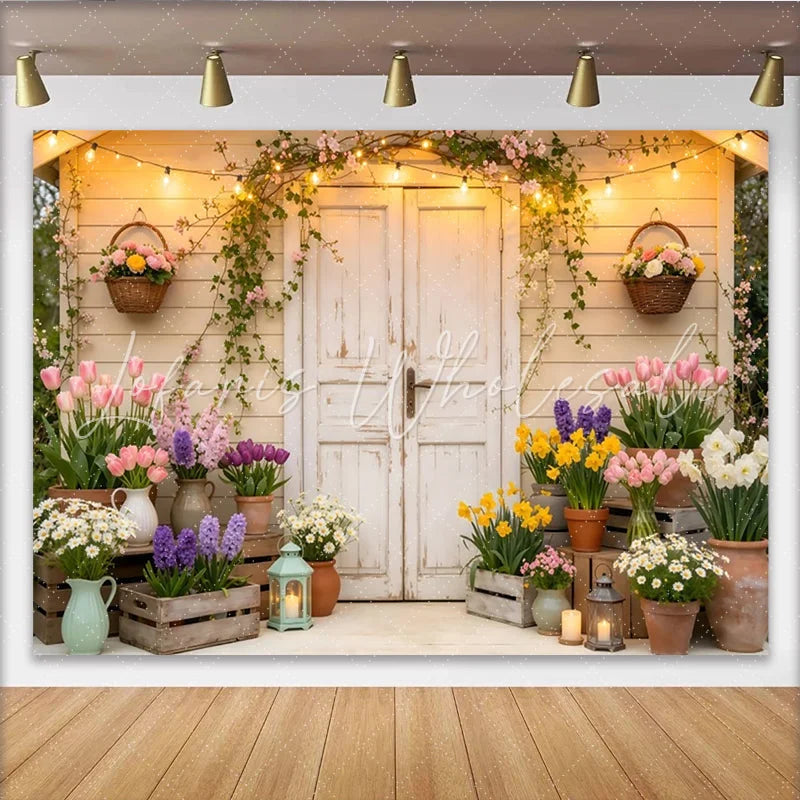 Lofaris Rustic White Door Spring Floral Photography Backdrop with String Lights Cozy Garden Scene Background for Photoshoots and Party Decor
