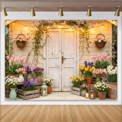 Lofaris Rustic White Door Spring Floral Photography Backdrop with String Lights Cozy Garden Scene Background for Photoshoots and Party Decor