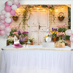 Lofaris Rustic White Door Spring Floral Photography Backdrop with String Lights Cozy Garden Scene Background for Photoshoots and Party Decor