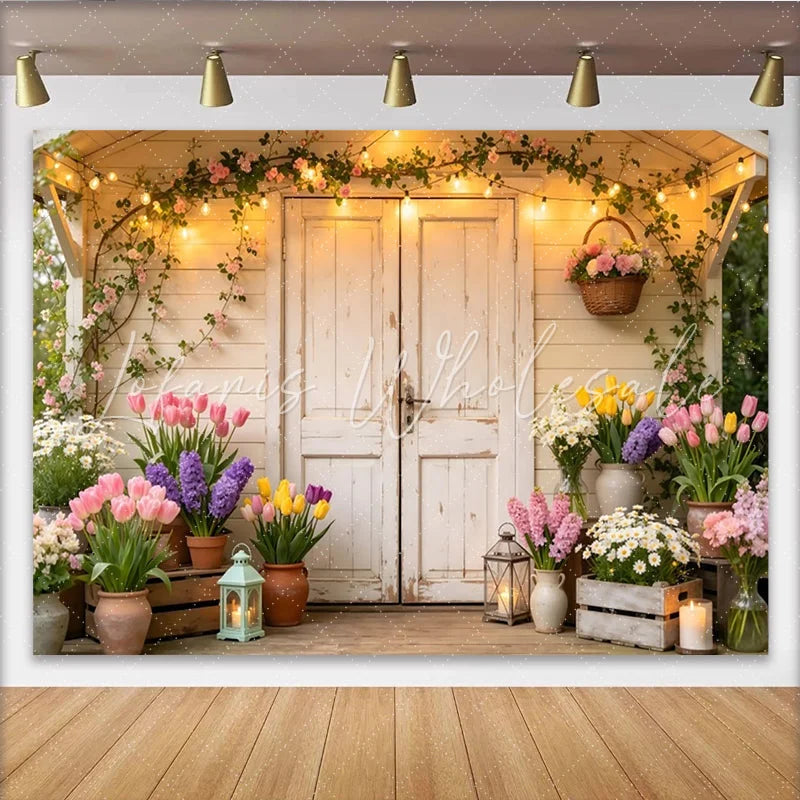 Lofaris Rustic White Door Spring Garden Photography Backdrop Blooming Flowers and String Lights Photo Booth Prop