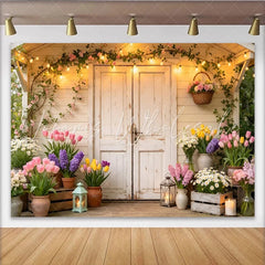 Lofaris Rustic White Door Spring Garden Photography Backdrop Blooming Flowers and String Lights Photo Booth Prop