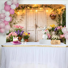 Lofaris Rustic White Door Spring Garden Photography Backdrop Blooming Flowers and String Lights Photo Booth Prop