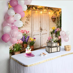 Lofaris Rustic White Door Spring Garden Photography Backdrop Blooming Flowers and String Lights Photo Booth Prop