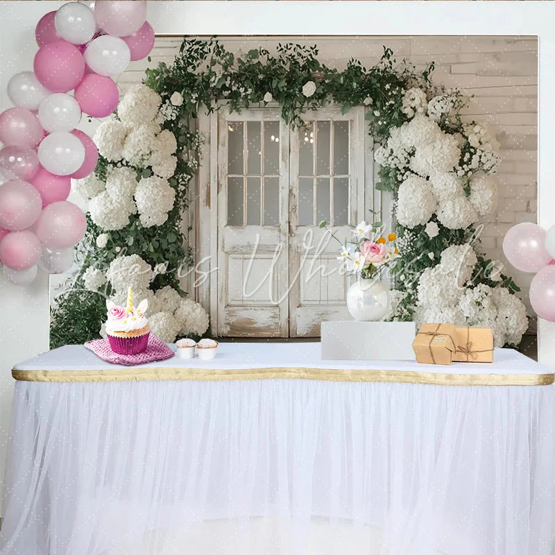 Lofaris Rustic White Door Wedding Backdrop with Hydrangeas and Greenery Elegant Floral Photography Background for Bridal Shower Decor